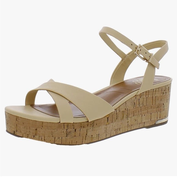Franco Sarto Shoes - Franco Sarto Pelma‎ Faux Leather Ankle Strap Platform Sandals, Beige, Size 10
